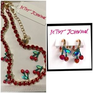 BETSEY JOHNSON SET Cherries w AB Crystals Hoop Earrings & Matching Necklace NWT